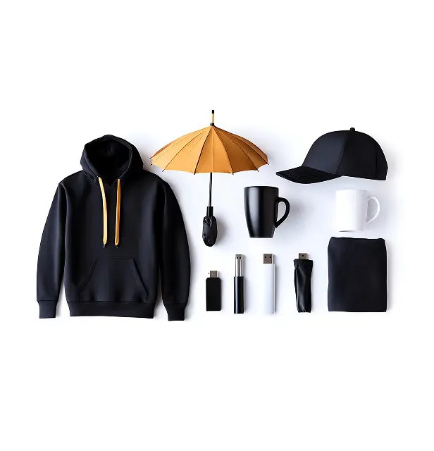 Conjunto de artículos promocionales como sudadera, paraguas, taza, gorra, bolso y memoria USB, que se pueden personalizar con el logotipo y diseño de la empresa.