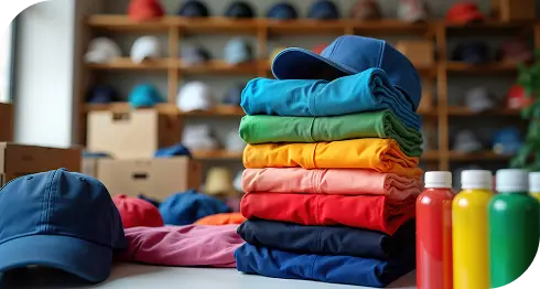 Una variedad de camisetas, gorras y botellas en diferentes colores, mostrando ejemplos de materiales personalizables para marca y merchandising corporativo.