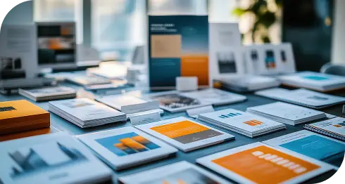 Una colección de impresiones que muestra la gama de productos impresos que la agencia puede producir, resaltando la variedad de tamaños, colores y tipos de materiales.